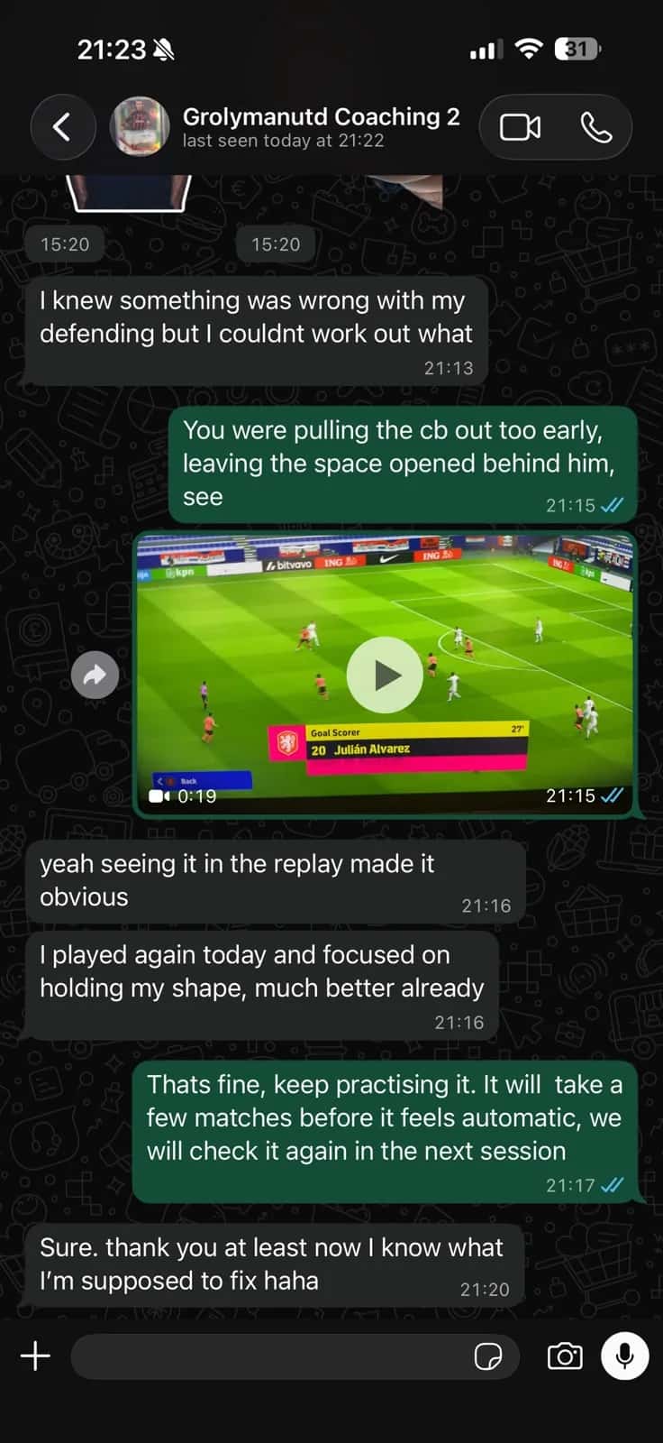 WhatsApp coaching conversation with grolymanutd about correcting defensive shape after replay analysis