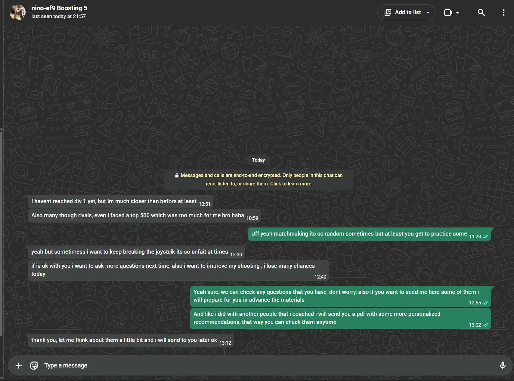 Cropped WhatsApp conversation with nino-ef9 reporting progress closer to Division 1 during a boosting service