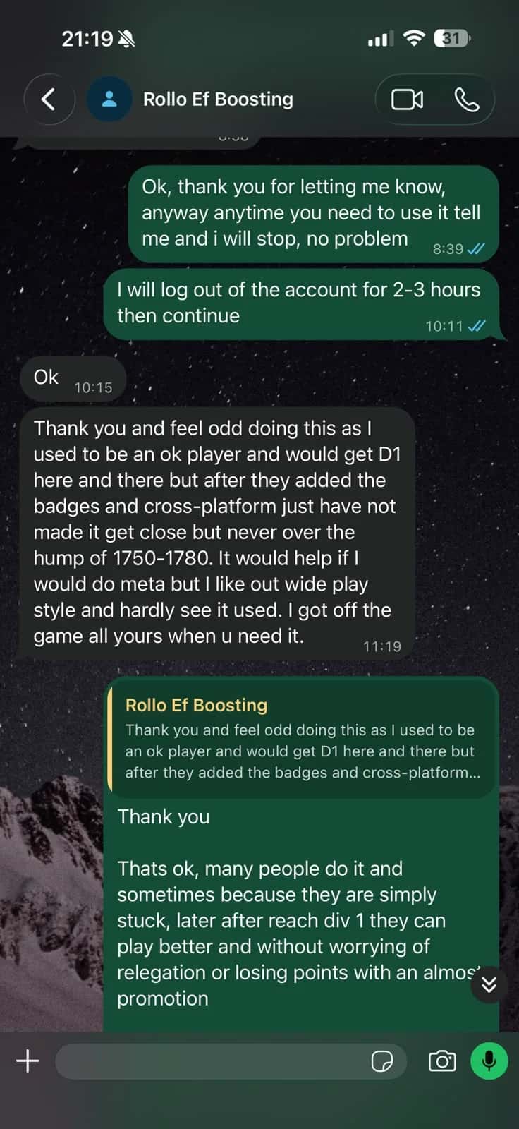 WhatsApp boosting conversation with Rollo describing being stuck around 1750 to 1780 rating and coordinating account access