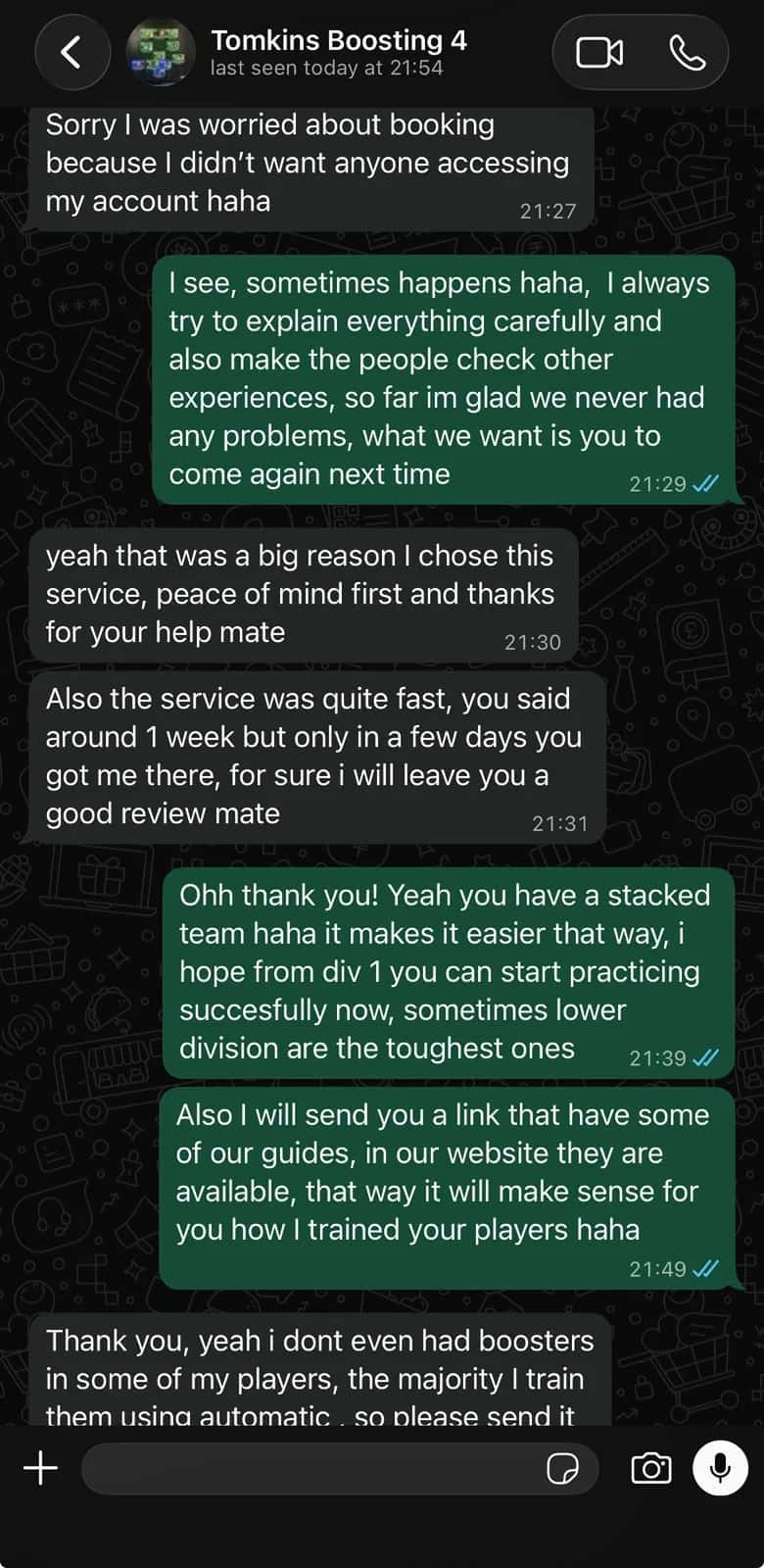 WhatsApp conversation with Tomkins describing peace of mind and a boosting service completed in a few days
